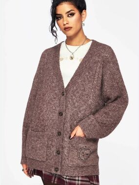 Disturbia Oversized Pointelle Knit Cardigan - Mauve Taupe
